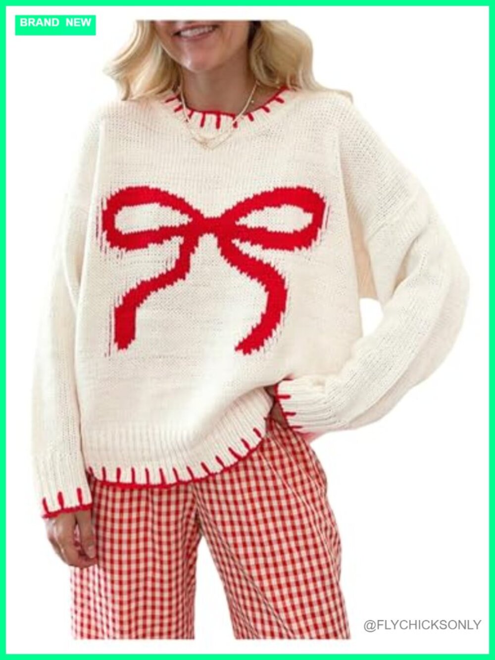 Women's Y2K Bow Knit Pullover Sweater Crewneck Long Sleeve Oversized